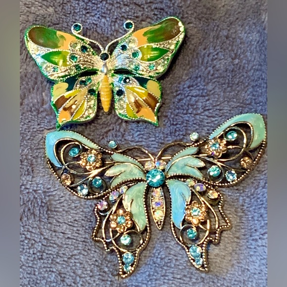 Vintage lot of 2 Butterfly pins brooch Avon light blue green yellow sparkle - Picture 3 of 16